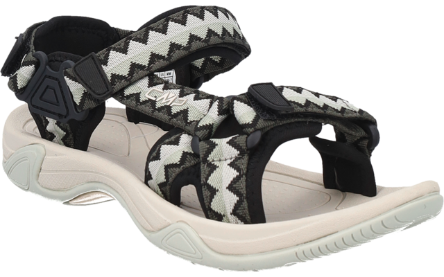 Schwarze offene Sandale mit weißen Zickzack-Textilriemen, Klettverschlüssen und heller profilierter Sohle