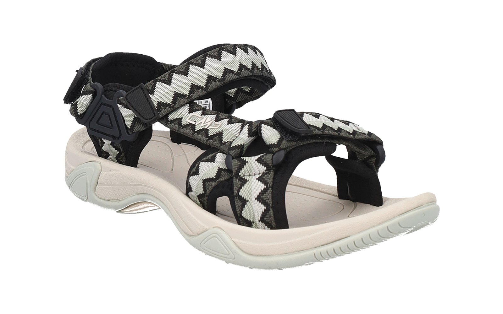 Schwarze offene Sandale mit weißen Zickzack-Textilriemen, Klettverschlüssen und heller profilierter Sohle