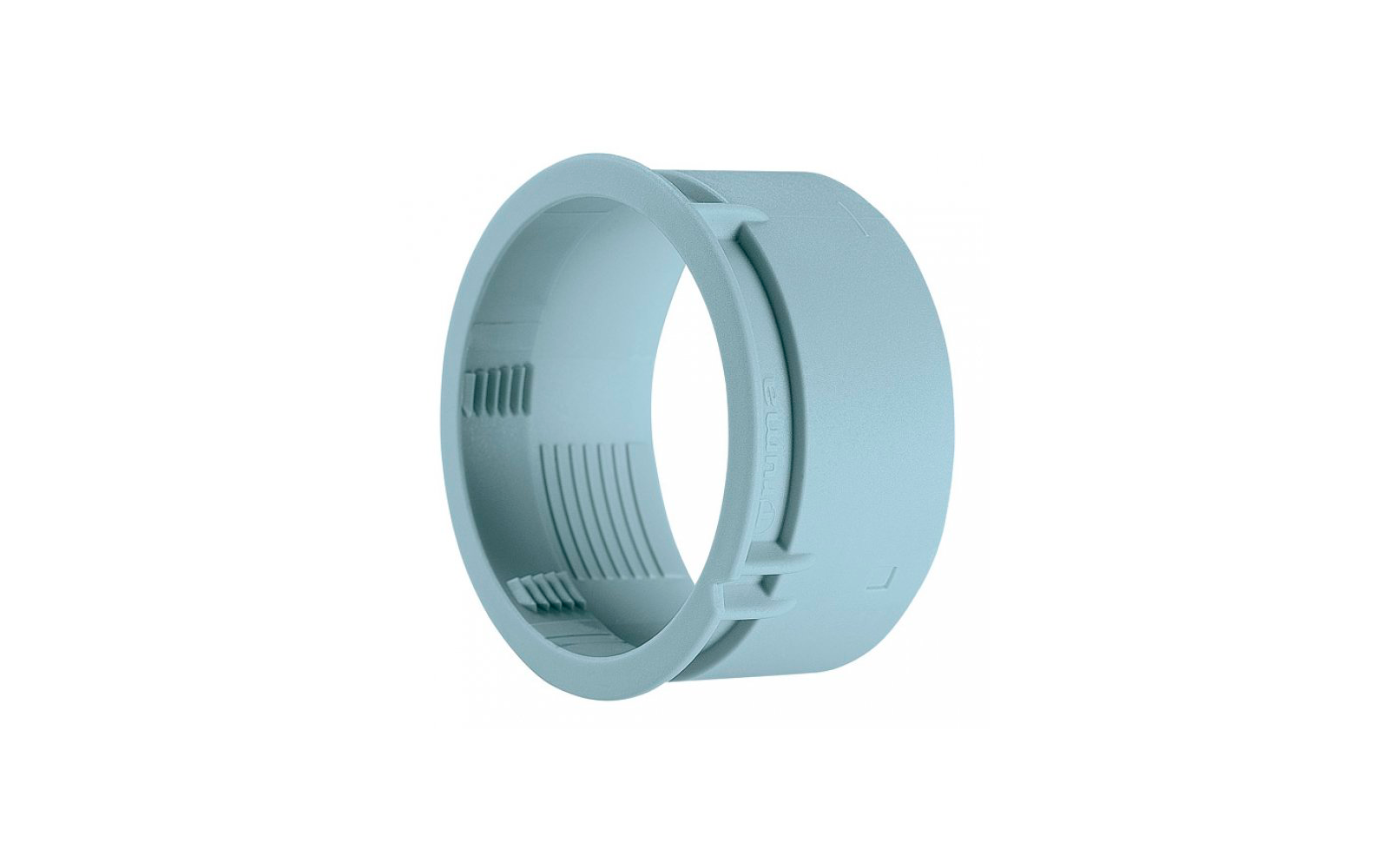 Anello cilindrico in plastica azzurro chiaro con interno aperto, costolature interne e tre piccole tacche esterne