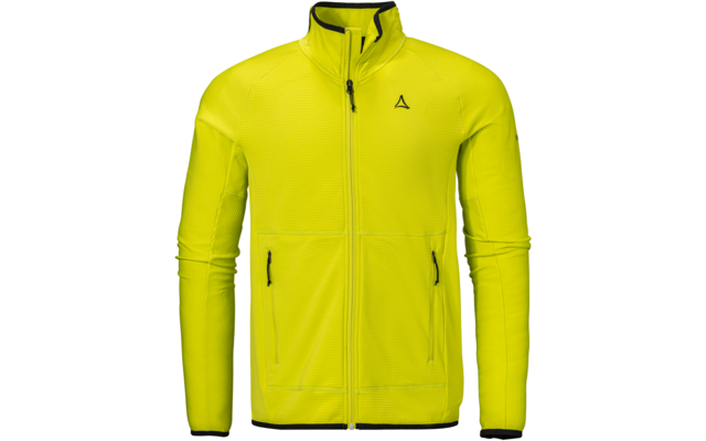Neongelbe, durchgehende Reißverschlussjacke mit Stehkragen, langen Ärmeln, zwei Reißverschlusstaschen, schwarzem Reißverschluss und kleinem dreieckigem Logo auf der linken Brust