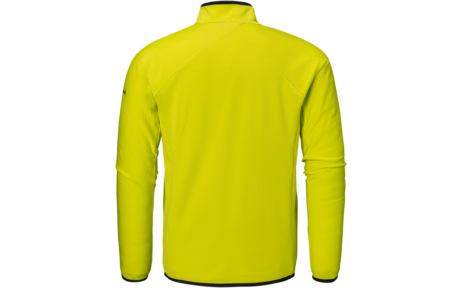 Rückansicht einer neon-gelben Jacke mit langen Ärmeln und schwarzer Einfassung am Kragen und Saum