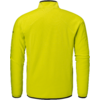 Rückansicht einer neon-gelben Jacke mit langen Ärmeln und schwarzer Einfassung am Kragen und Saum