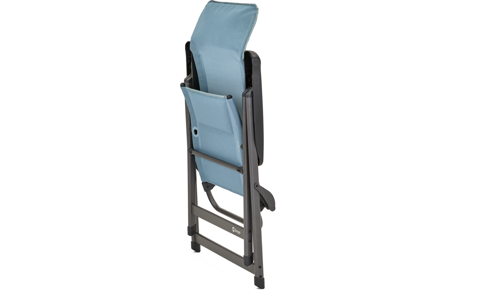 Zusammengeklappter blauer Klappstuhl mit schwarzem Gestell