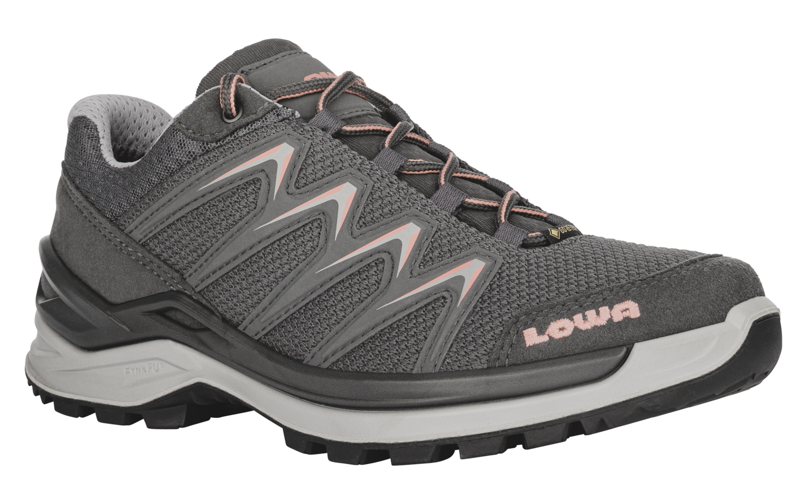 Une chaussure grise à lacets, empeigne en mesh, accents roses et logo 'LOWA', vue de côté sur fond blanc