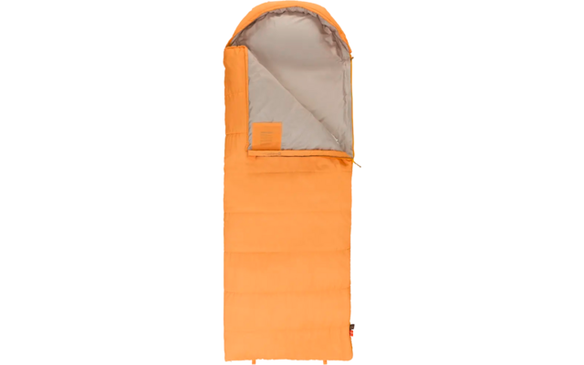 Oranje slaapzak met open rits, lichtgrijs van binnen