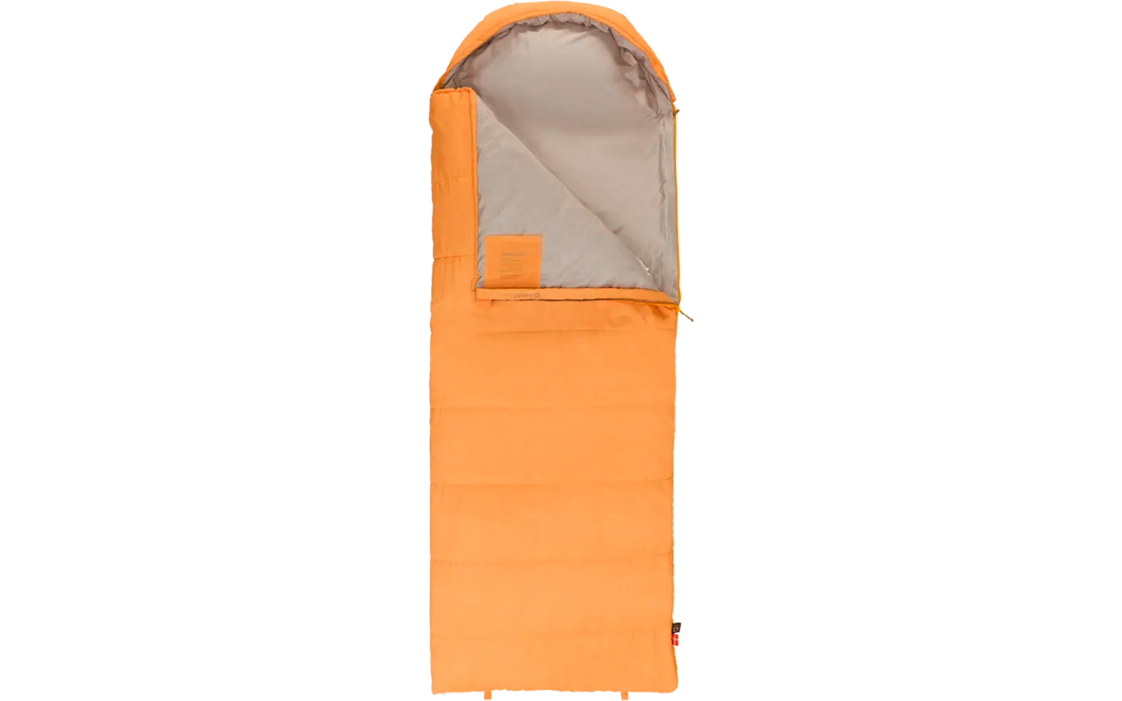 Oranje slaapzak met open rits, lichtgrijs van binnen