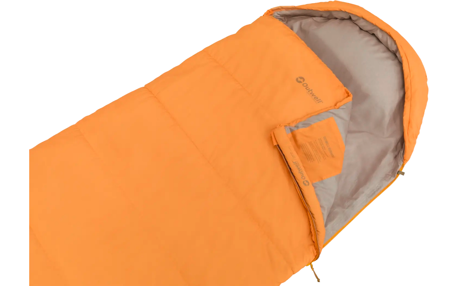 Oranje slaapzak met ritssluiting en grijze voering