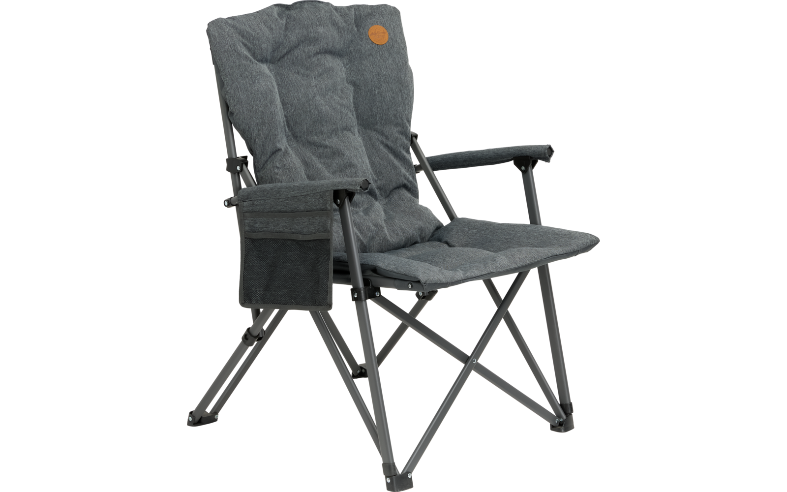 Grauer faltbarer Campingstuhl mit Armlehnen und Aufbewahrungstasche