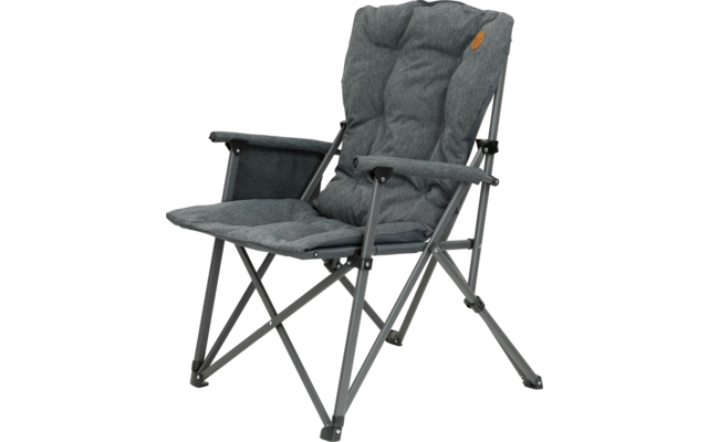 Faltbarer grauer Campingstuhl mit Polster und Armlehnen