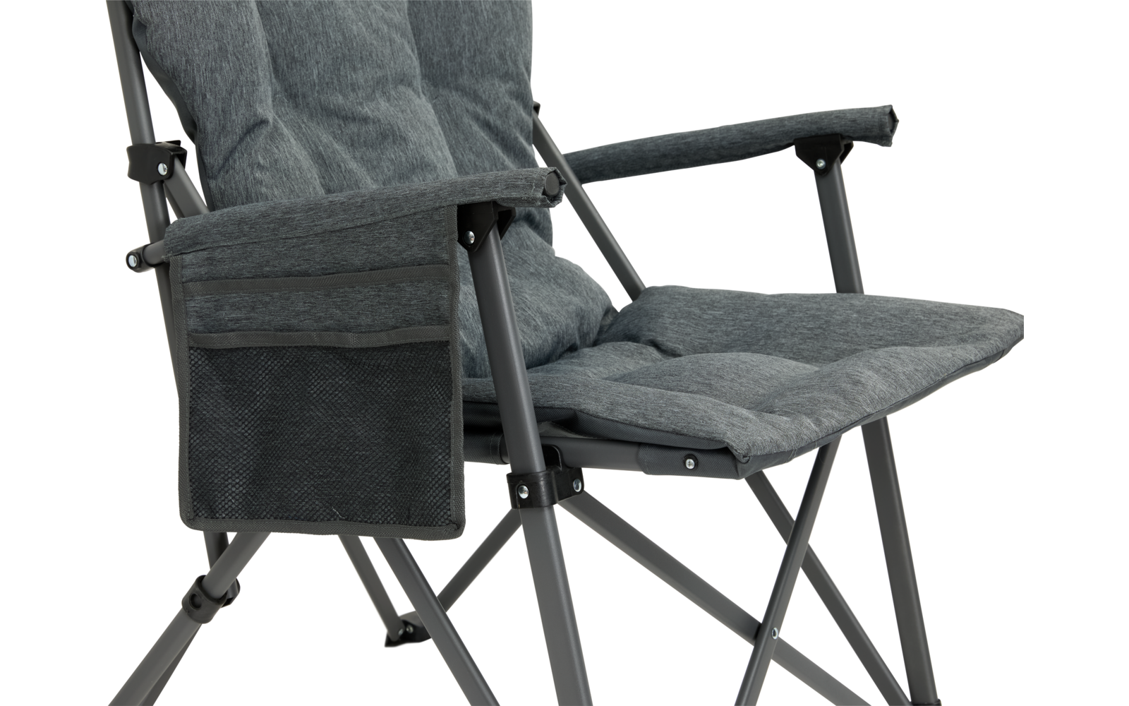 Klappstuhl aus Metall und Stoff mit aufgesetzter Seitentasche