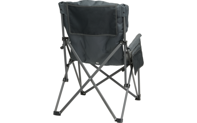 Klappstuhl aus schwarzem Stoff mit grauem Metallgestell