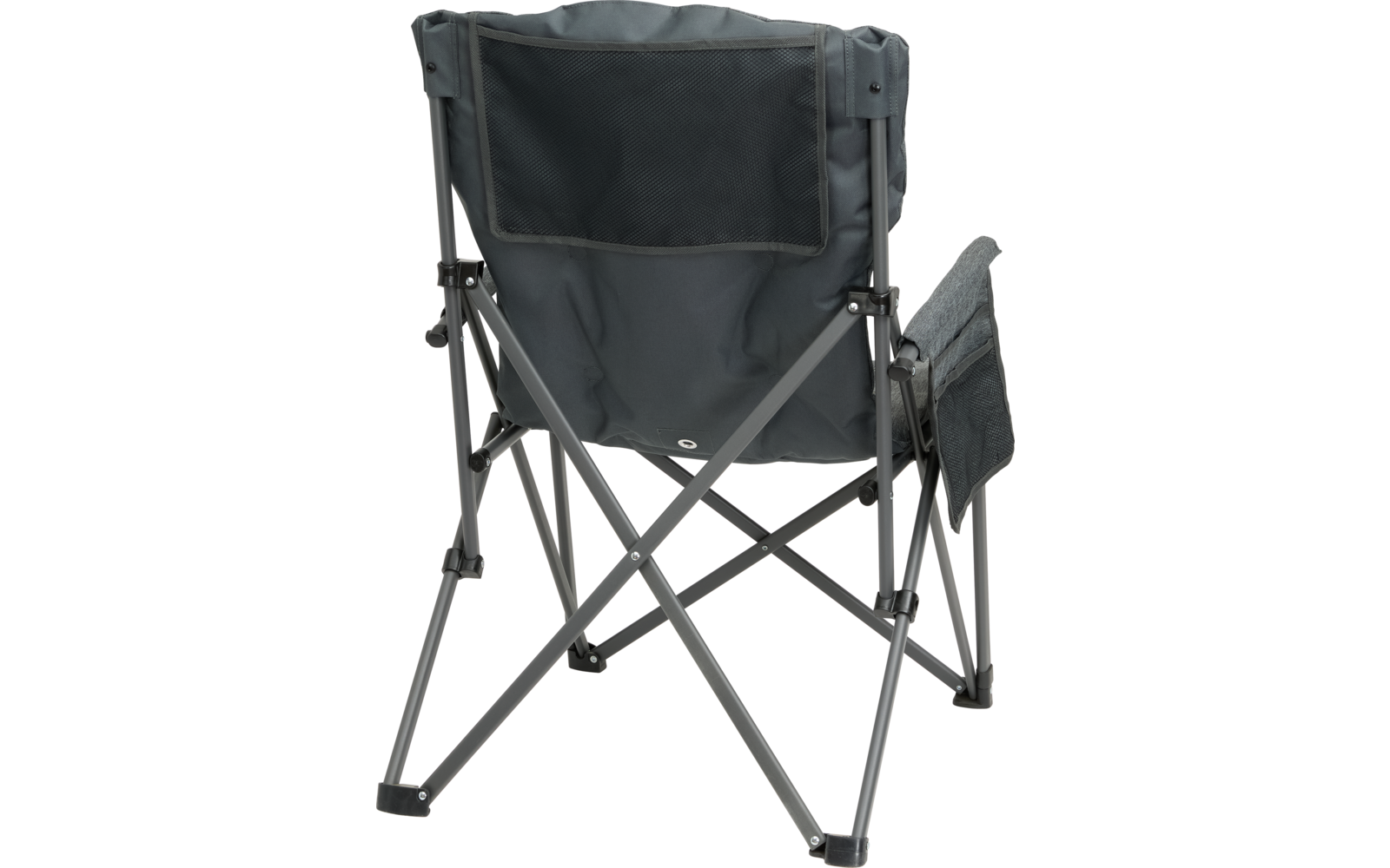 Klappstuhl aus schwarzem Stoff mit grauem Metallgestell