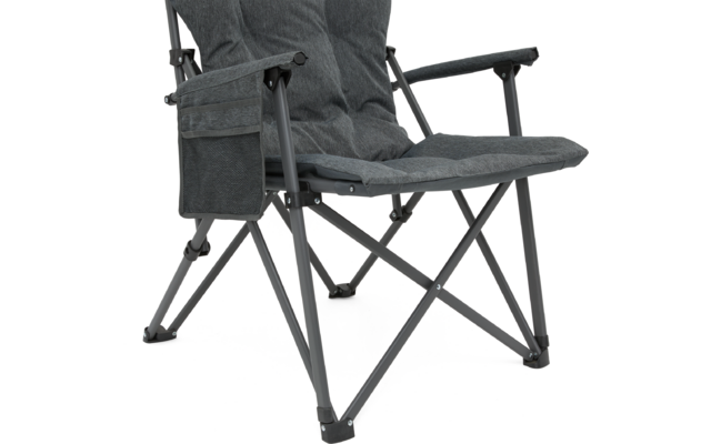 Grau gepolsterter Klappstuhl mit Armlehnen, Seitentasche und Metallgestell