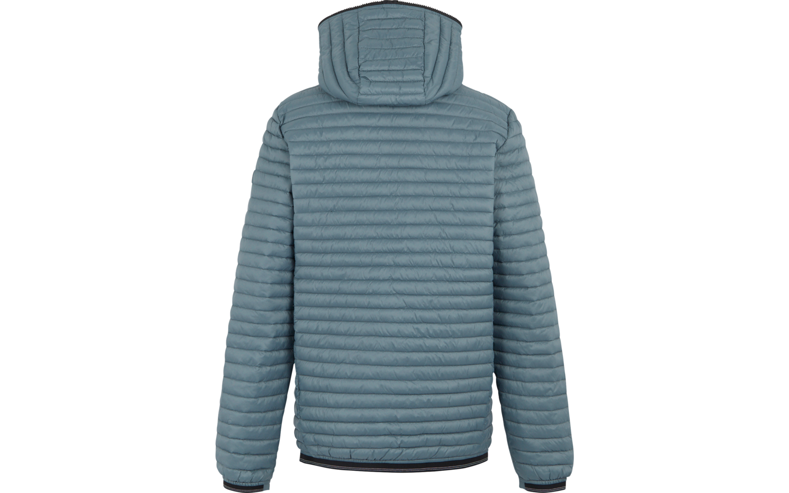 Rückenansicht einer hellblauen gesteppte Kapuzenjacke mit langen Ärmeln, horizontalen Steppnähten und dunklem Saum und Bündchen