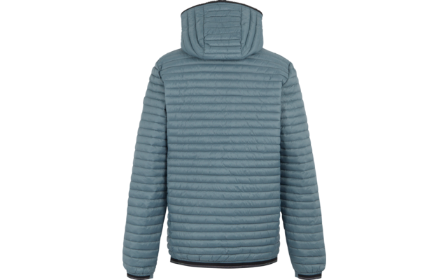 Rückenansicht einer hellblauen gesteppte Kapuzenjacke mit langen Ärmeln, horizontalen Steppnähten und dunklem Saum und Bündchen