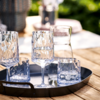 Schwarzes Tablett mit zwei hohen Stielgläsern, zwei niedrigen Tumblern und einer klaren Glas-Karaffe auf einem Holztisch, unscharfer grüner Hintergrund