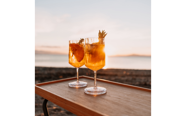 Zwei Weingläser mit orangefarbenem Cocktail, jeweils garniert mit einer Orangenscheibe und einem Ananasblatt, auf einem Holztablett vor Strand und Meer