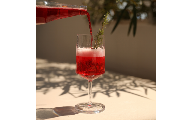 Rote Flüssigkeit, die aus einer Flasche in ein Stielglas mit Schaum gegossen wird; Rosmarinzweig im Glas, auf hellem Tisch mit Schatten und unscharfem Pflanzenhintergrund