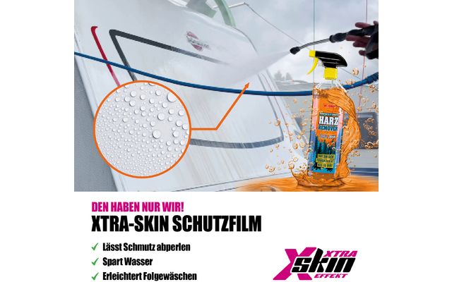Sprühflasche mit XTRA-SKIN Schutzfilm vor weißem Hintergrund und schwarzem, weißem und orangefarbenem Design