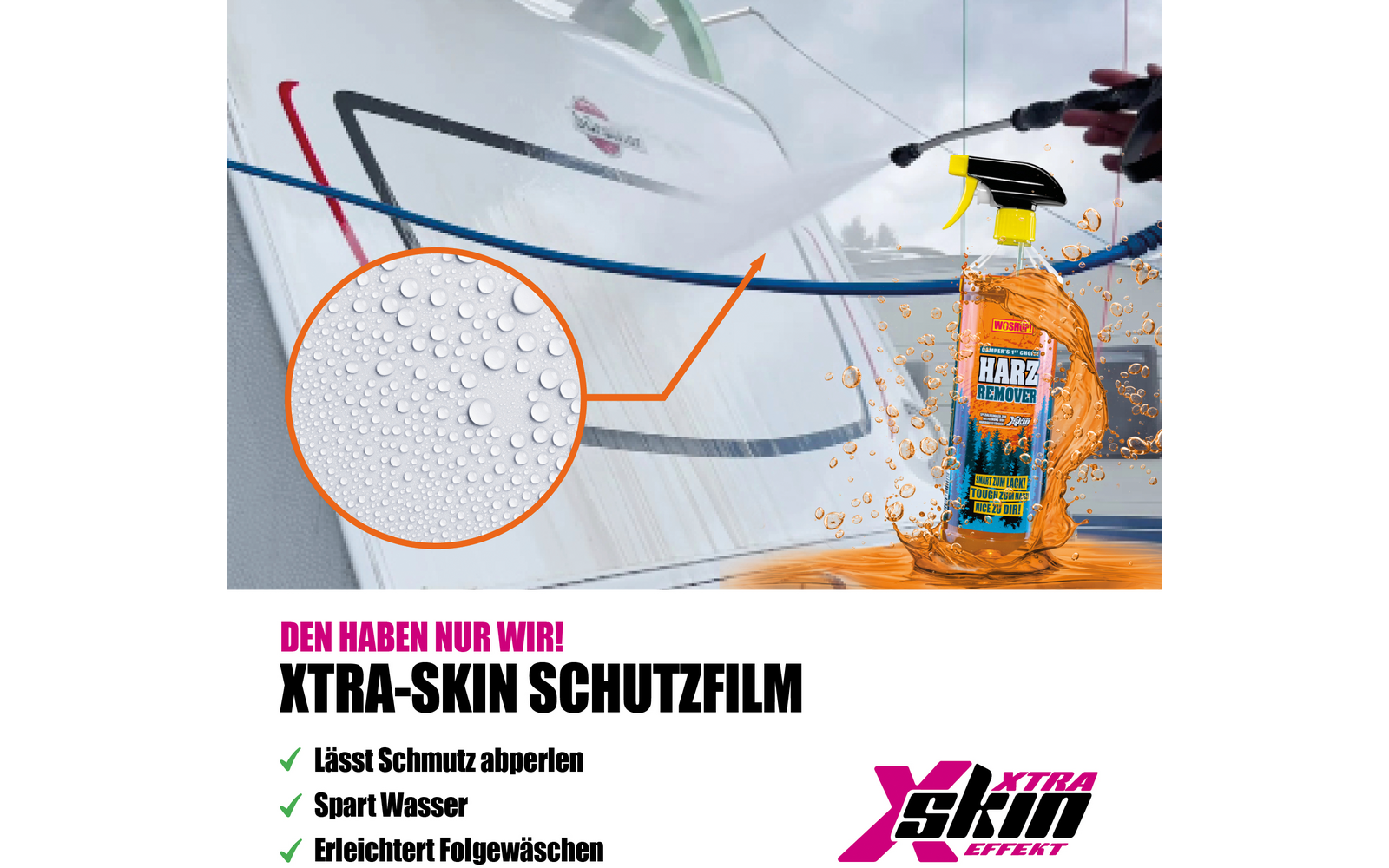 Sprühflasche mit XTRA-SKIN Schutzfilm vor weißem Hintergrund und schwarzem, weißem und orangefarbenem Design