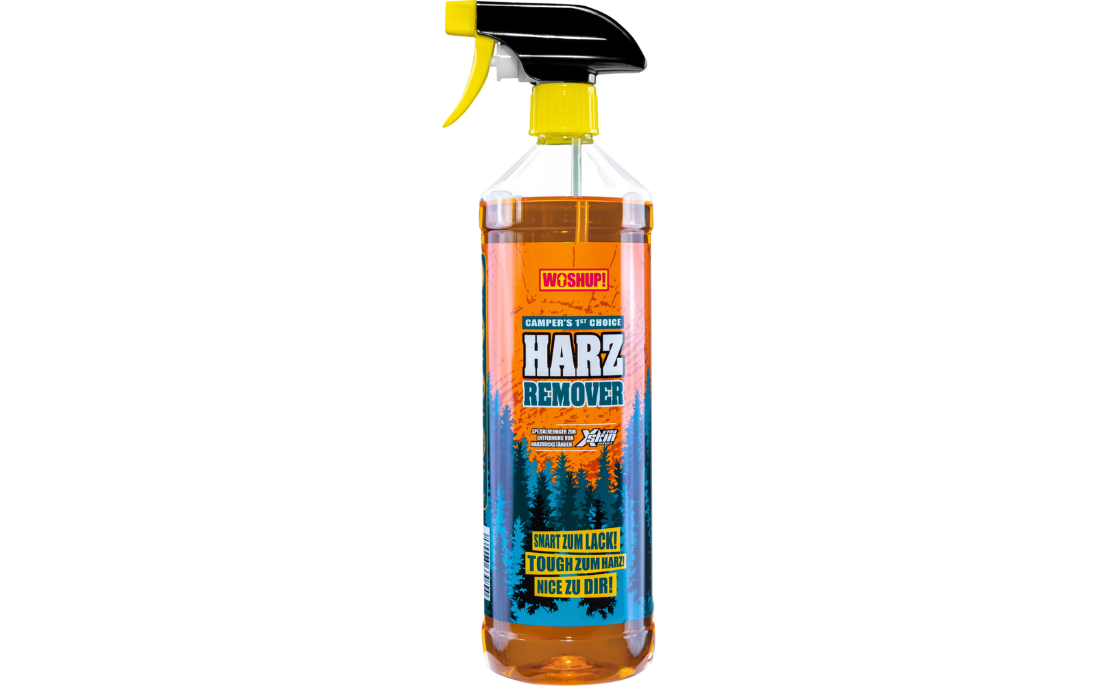 Flasche mit orangenfarbener Flüssigkeit und Sprühaufsatz, Etikett mit Schrift „Harz Entferner“