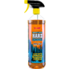 Flasche mit orangenfarbener Flüssigkeit und Sprühaufsatz, Etikett mit Schrift „Harz Entferner“