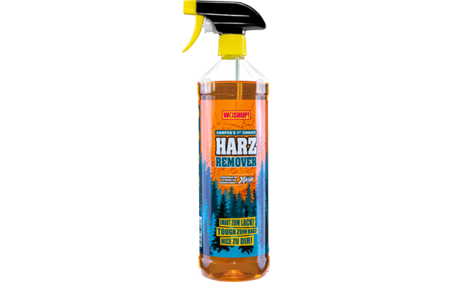 Flasche mit orangenfarbener Flüssigkeit und Sprühaufsatz, Etikett mit Schrift „Harz Entferner“