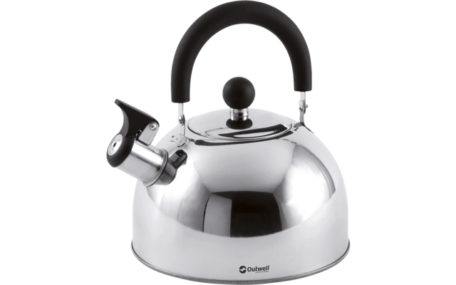RVS-waterketel met zwart handvat en knop, tuit met fluit en zichtbaar 'Outwell'-logo