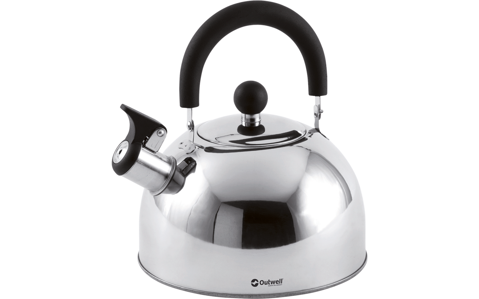 RVS-waterketel met zwart handvat en knop, tuit met fluit en zichtbaar 'Outwell'-logo