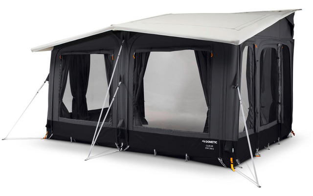Grote zwart-grijze tent met wit dak, meerdere grote raampanelen met muskietennet, metalen stangen en scheerlijnen