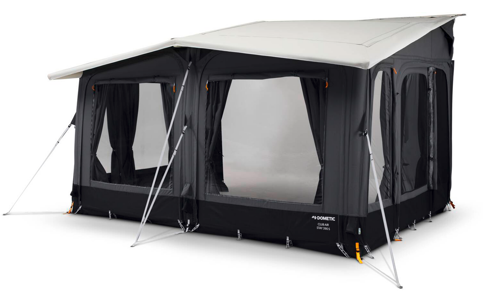 Grote zwart-grijze tent met wit dak, meerdere grote raampanelen met muskietennet, metalen stangen en scheerlijnen
