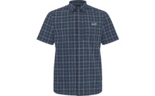 Kurzärmliges, knöpfbares Hemd mit blauem Karo-Muster und kleinem weißem Logo auf der linken Brust