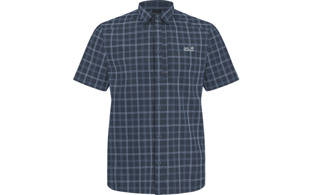 Kurzärmliges, knöpfbares Hemd mit blauem Karo-Muster und kleinem weißem Logo auf der linken Brust