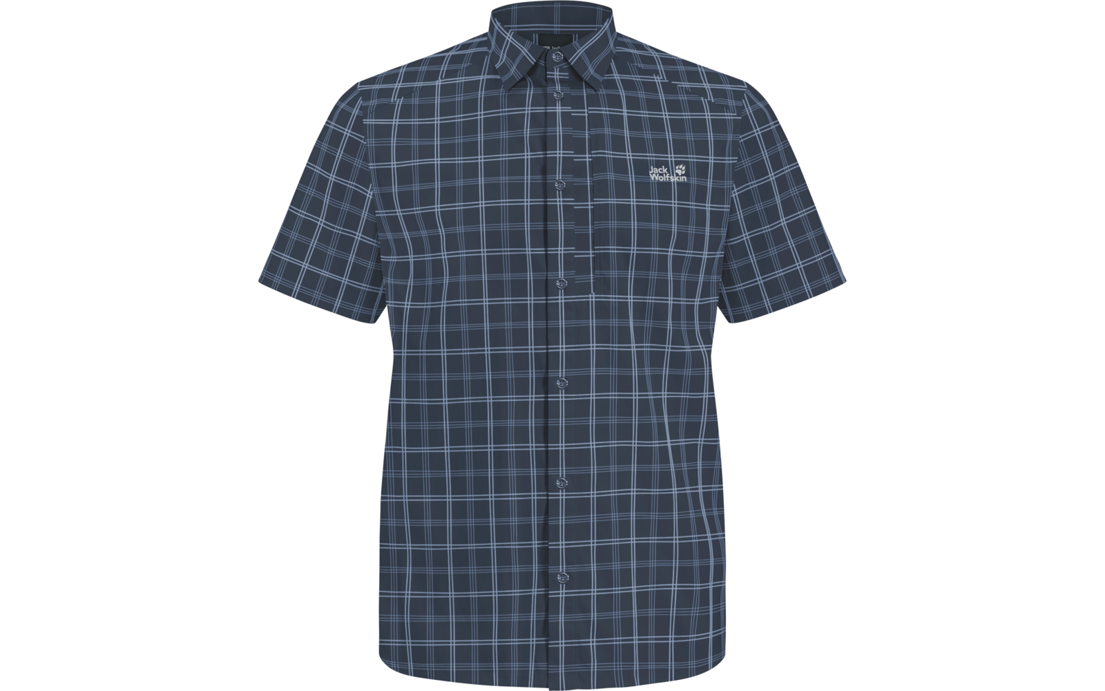 Kurzärmliges, knöpfbares Hemd mit blauem Karo-Muster und kleinem weißem Logo auf der linken Brust