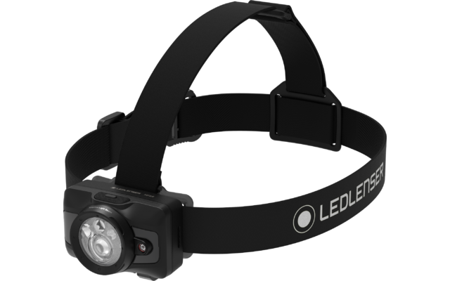 Lampe frontale noire avec lentille LED ronde à l'avant, bandeau élastique marqué "LEDLENSER" et boucles réglables