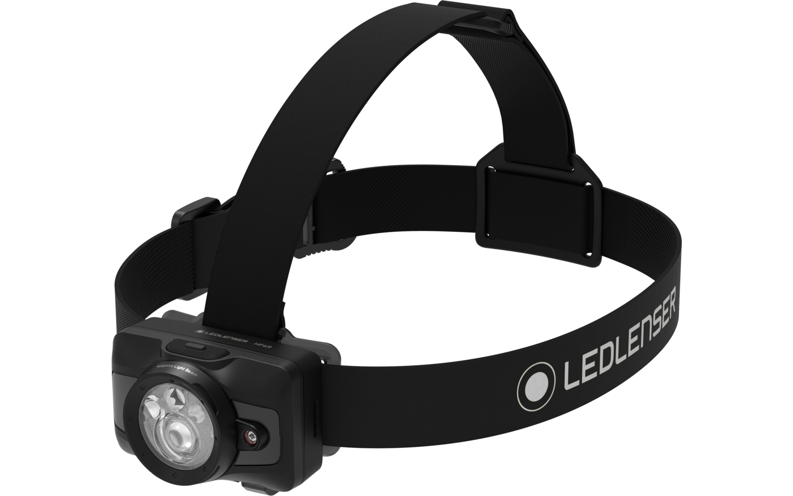 Lampe frontale noire avec lentille LED ronde à l'avant, bandeau élastique marqué "LEDLENSER" et boucles réglables