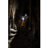 Deux personnes avec lampes frontales dans un passage de grotte sombre avec stalactites et stalagmites ; personne de devant vêtue d'une veste jaune, personne derrière touche la paroi rocheuse