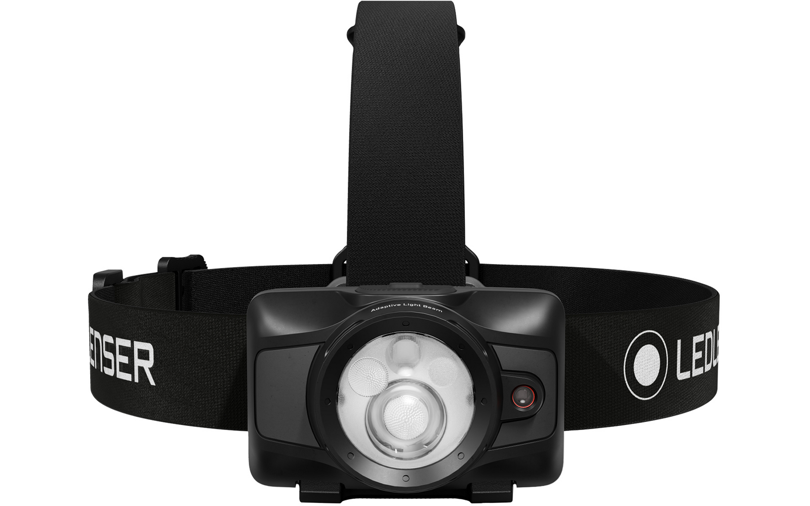 Schwarze Stirnlampe mit breitem elastischem Kopfband, rechteckigem Gehäuse und zentraler runder LED-Linse; kleinere LEDs um die Linse, seitlicher Knopf mit rotem Rand und weiße Markenaufschrift auf dem Band