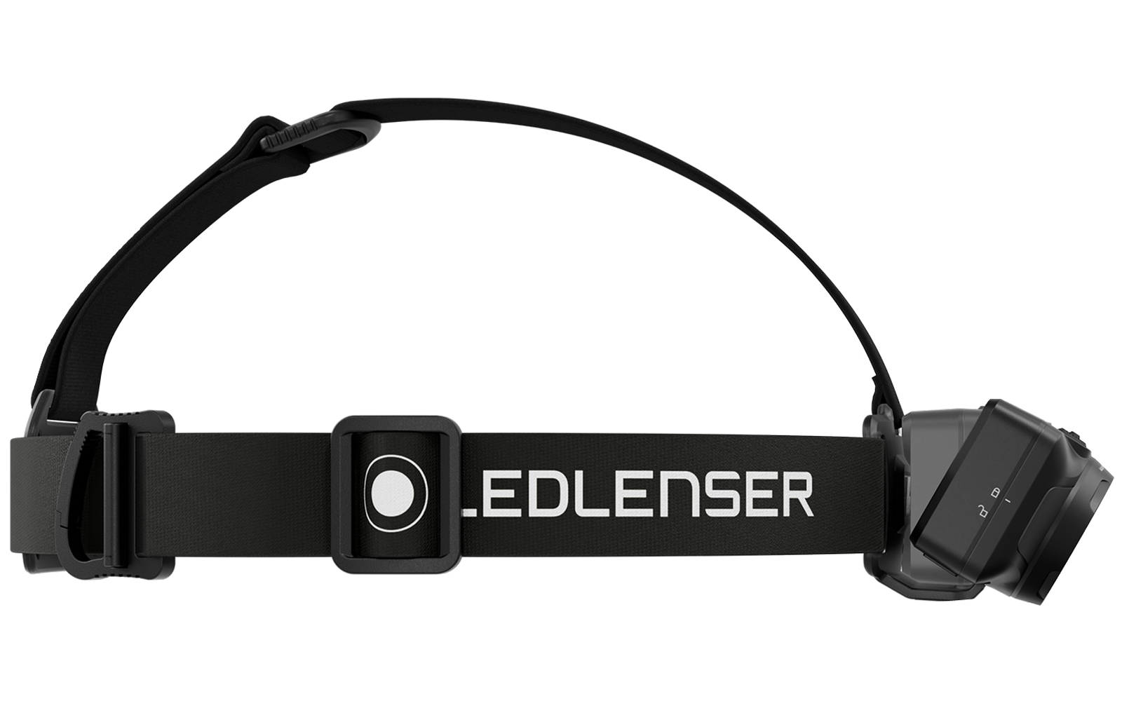 Schwarzes Stirnband mit elastischem Riemen, mittig rechteckiges Kunststoffelement mit rundem weißem Kreis, weiße Aufschrift .EDLENSER auf dem Band, rechts rechteckiges Lampengehäuse mit LED‑Modul