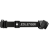 Schwarzes Kopfband mit weißer Aufschrift 'LEDLENSER', mittig quadratischer Halter mit rundem weißen Kreis und rechts angebrachtes schwenkbares Lampengehäuse