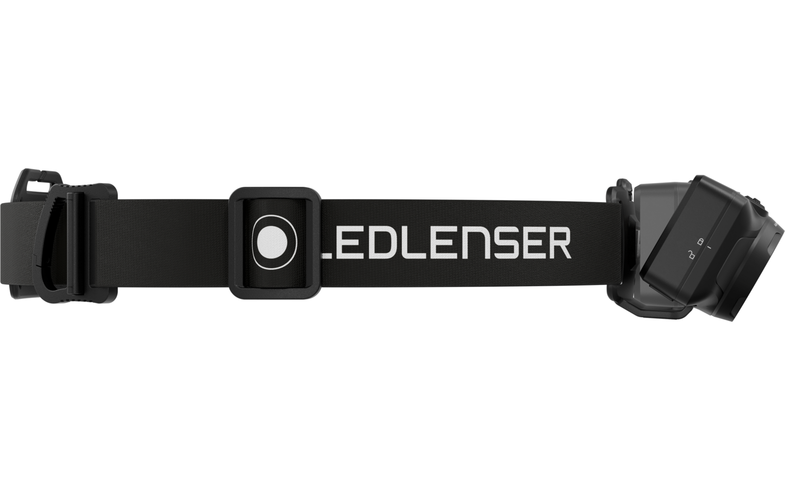 Schwarzes Kopfband mit weißer Aufschrift 'LEDLENSER', mittig quadratischer Halter mit rundem weißen Kreis und rechts angebrachtes schwenkbares Lampengehäuse