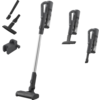 Gray stick vacuum with long metal tube, floor head, three separate handheld units, crevice nozzle, brush attachment, and wall mount