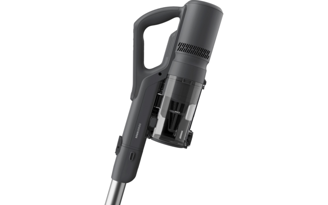 Gray stick vacuum with handle, transparent dust container and metal tube