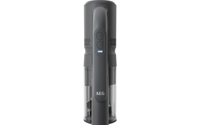 Gray handheld vacuum cleaner with visible AEG logo, transparent dust container, control buttons and three illuminated LED lights