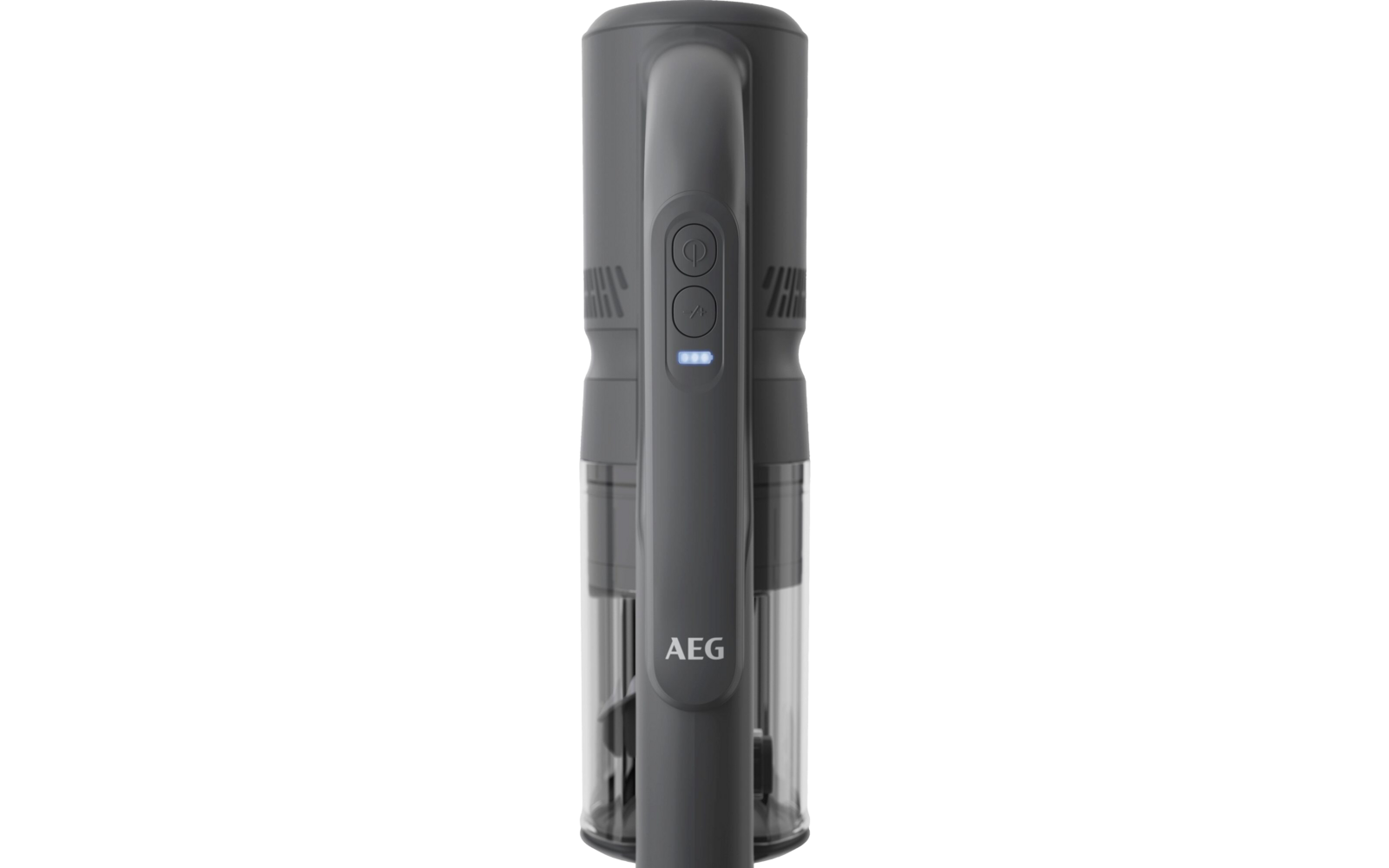 Gray handheld vacuum cleaner with visible AEG logo, transparent dust container, control buttons and three illuminated LED lights