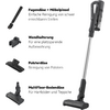 Gray stick vacuum with long metal tube and floor head on the right; four separate attachments arranged on the left: crevice tool with brush, wall mount, upholstery nozzle, multi-floor floorhead