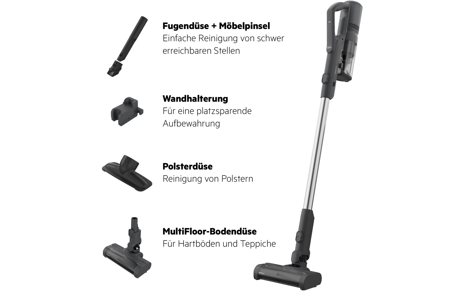 Gray stick vacuum with long metal tube and floor head on the right; four separate attachments arranged on the left: crevice tool with brush, wall mount, upholstery nozzle, multi-floor floorhead