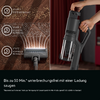 Gray stick vacuum with transparent dust bin, hand holding the handle; left: wooden floor with dust and a floor nozzle; three round icons labeled 'STUFE 1/2/3' and bottom text 'Bis zu 50 Min. unterbrechungsfrei mit einer Ladung saugen'