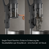 Split image: left, a finger presses a button on the transparent dust container of a stick vacuum above a trash bin; right, the container is open and dust falls into the bin