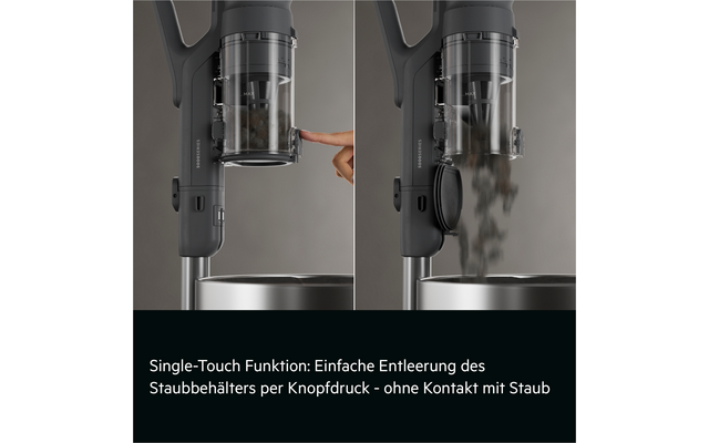 Split image: left, a finger presses a button on the transparent dust container of a stick vacuum above a trash bin; right, the container is open and dust falls into the bin